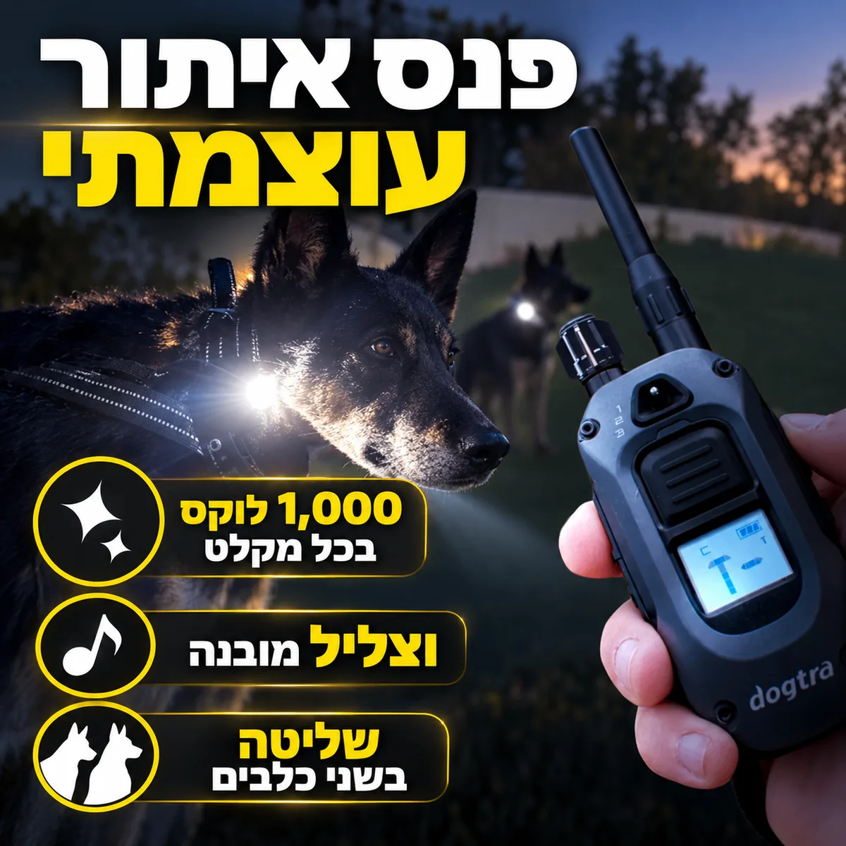 פנס LED של מקלט Dogtra מאיר על כלב בחושך, לצד השלט