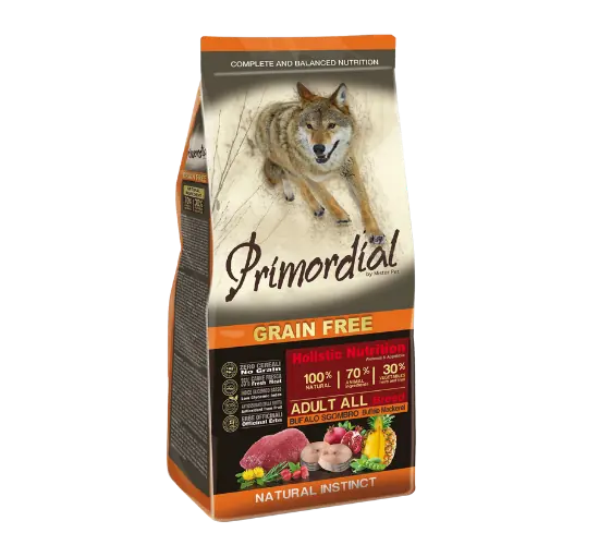 Primordial Buffalo & Mackerel – מזון לכלבים בוגרים ללא דגנים 12 ק״ג - תמונה 1