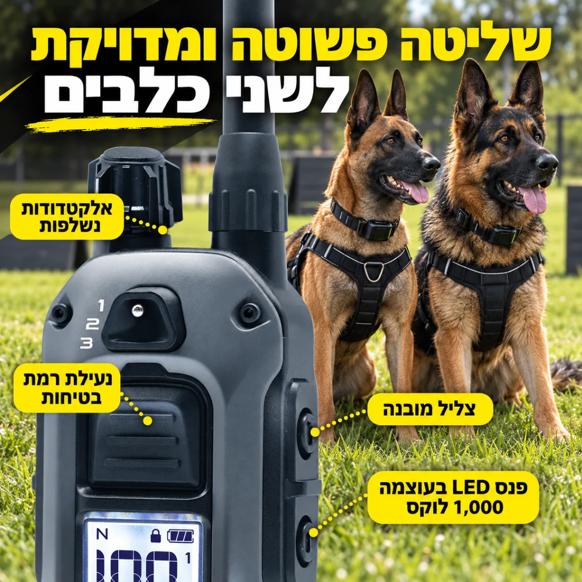 תקריב של שלט Dogtra 642X עם סימון בורר כלבים, נעילת רמה, צליל ופנס LED