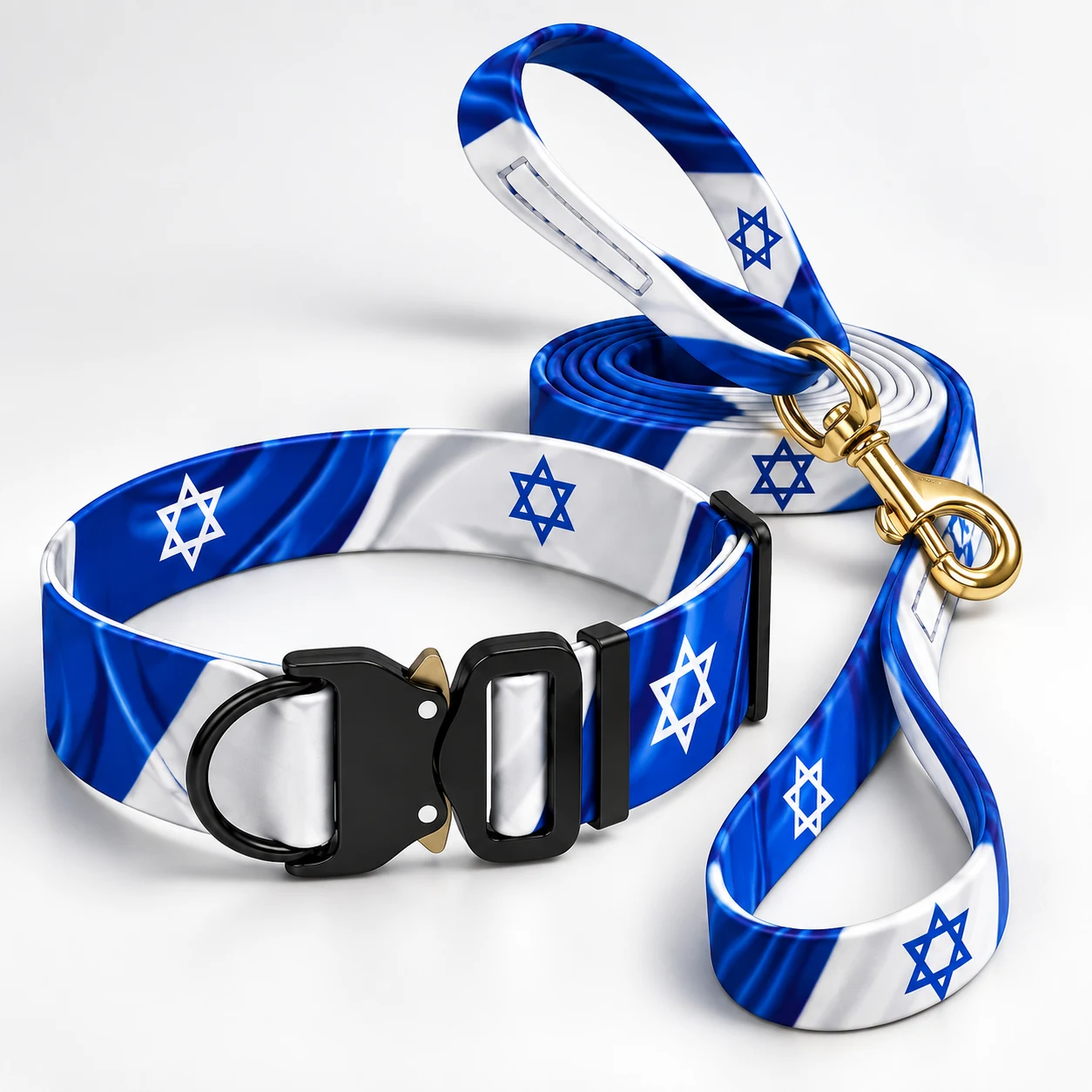 קולר ורצועה לכלב בעיצוב דגל ישראל כחול לבן