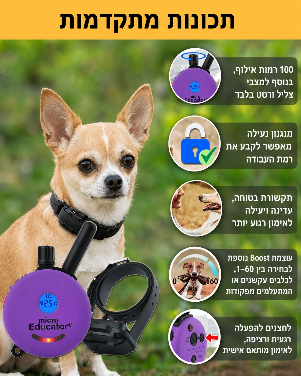 קולר אילוף אלקטרוני לכלבים קטנים ME-300 Micro Educator – מ־2.2 ק״ג - תמונה 2